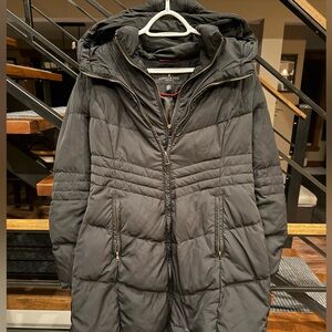 London Fog Long Black Puffer Coat L Double Zip Hooded Winter Jacket